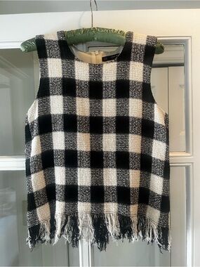 Zara Black and White Checked Fringe Sleeveless Top